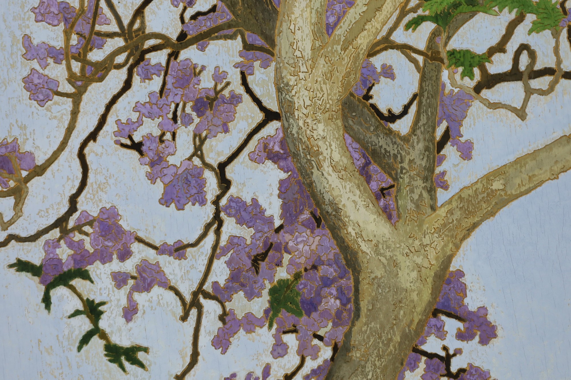 Cressida Campbell (Australian, 1960-), Jacaranda in full blossom, watercolour on incised marine ply